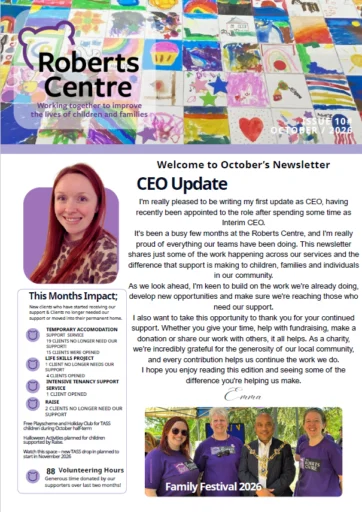 Front page of the Roberts Centre October 2026 newsletter with the CEO update and this month’s impact