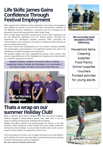 Roberts Centre October 2026 newsletter page featuring the Life Skills festival employment story and the summer Holiday Club