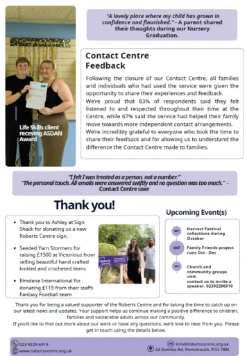 Roberts Centre October 2026 newsletter page with Contact Centre feedback, thank you messages and upcoming events